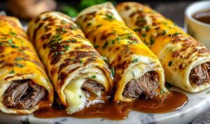 French Dip Tortilla Roll Ups on white plate with bowl of au jus dipping sauce