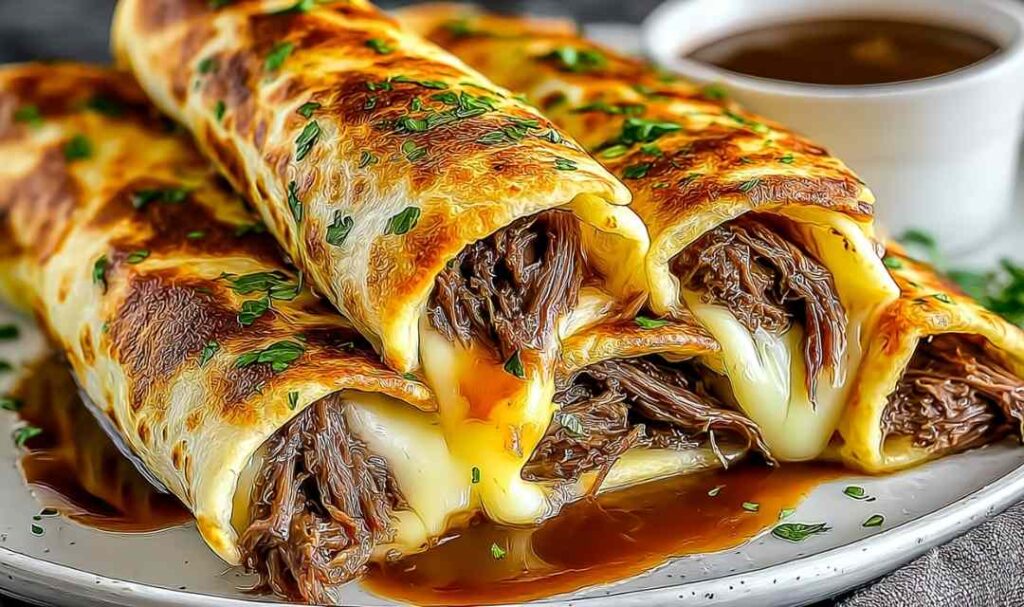 French dip tortilla roll-ups sliced diagonally on a wooden board with a small bowl of au jus dipping sauce