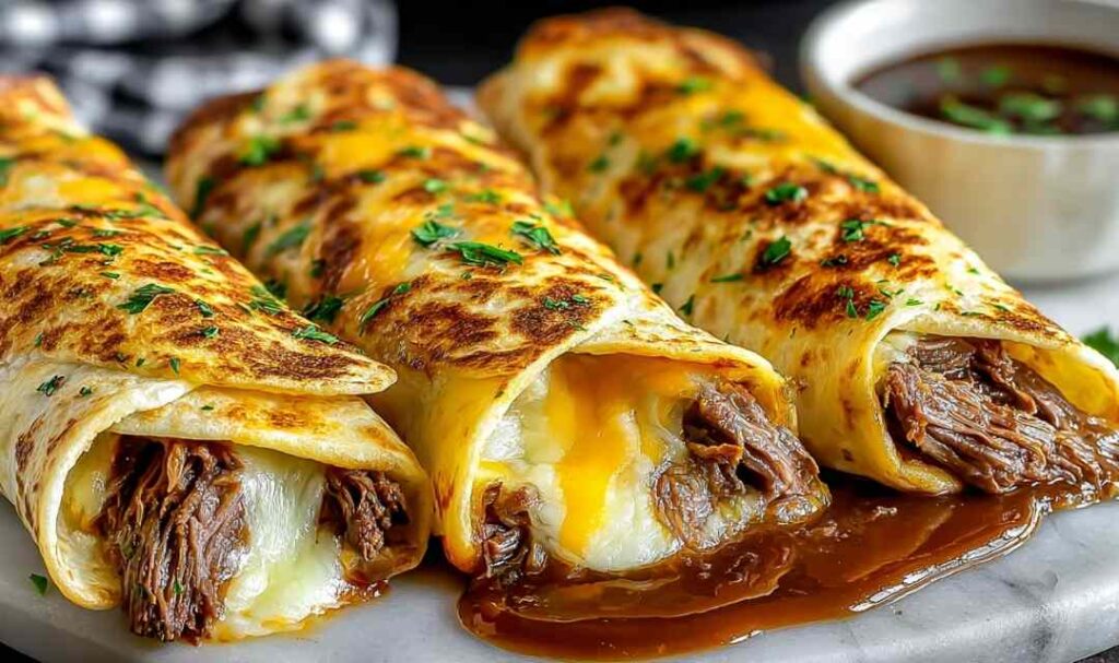 French Dip Tortilla Roll Ups on white plate with bowl of au jus dipping sauce