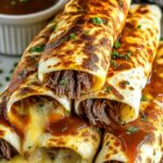 French dip tortilla roll-ups sliced diagonally on a wooden board with a small bowl of au jus dipping sauce