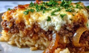 French onion casserole with melted Gruyere cheese and fresh parsley in an oven-safe skillet