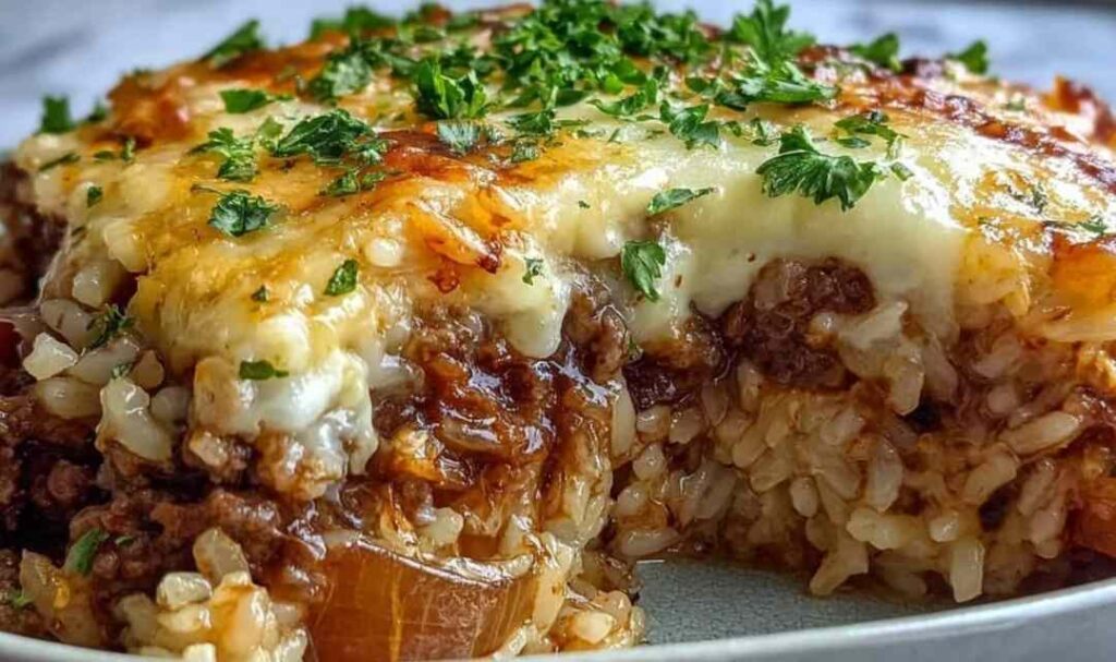 French Onion Ground Beef and Rice Casserole 5 French onion casserole with melted Gruyere cheese and fresh parsley in an oven-safe skillet