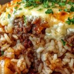 French onion casserole with melted Gruyere cheese and fresh parsley in an oven-safe skillet