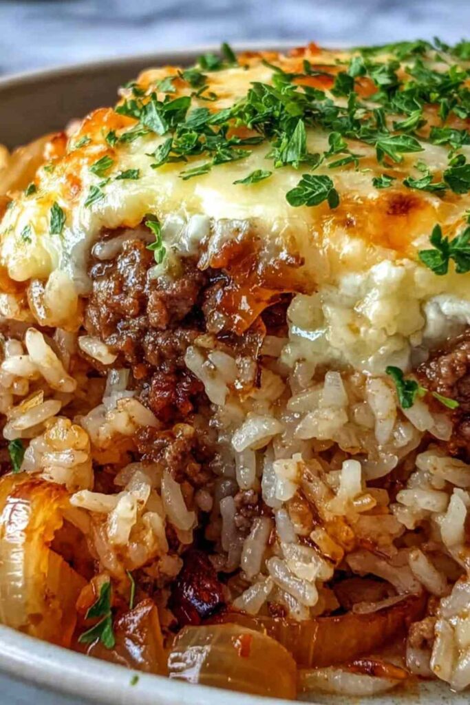 French Onion Ground Beef and Rice Casserole 6 French onion casserole with melted Gruyere cheese and fresh parsley in an oven-safe skillet