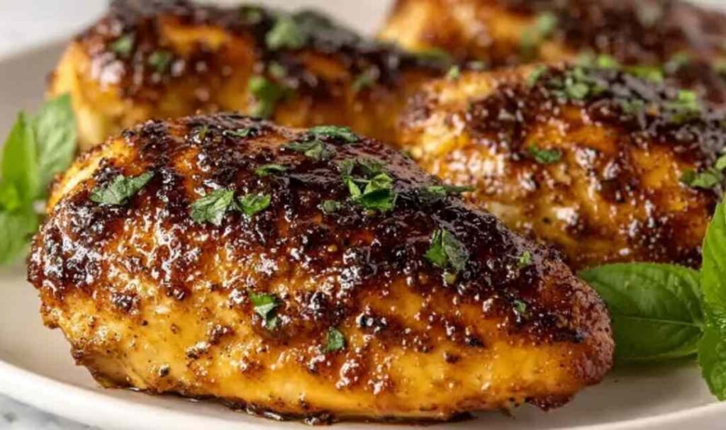 Garlic brown sugar chicken on white plate with caramelized glaze and parsley garnish