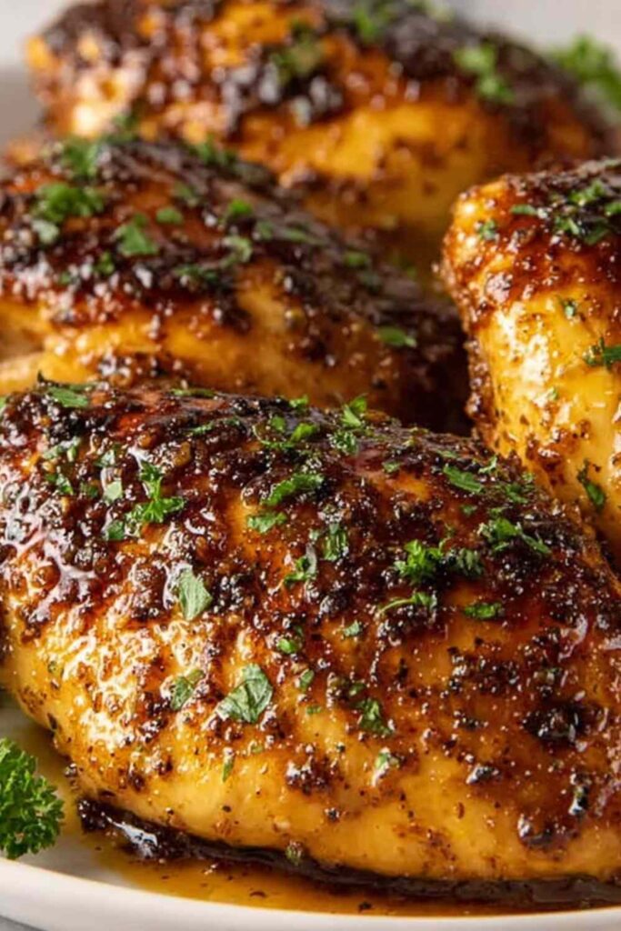 Garlic brown sugar chicken on white plate with caramelized glaze and parsley garnish