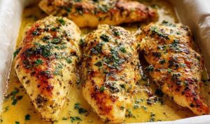 Juicy garlic butter baked chicken breast on white plate with fresh parsley garnish