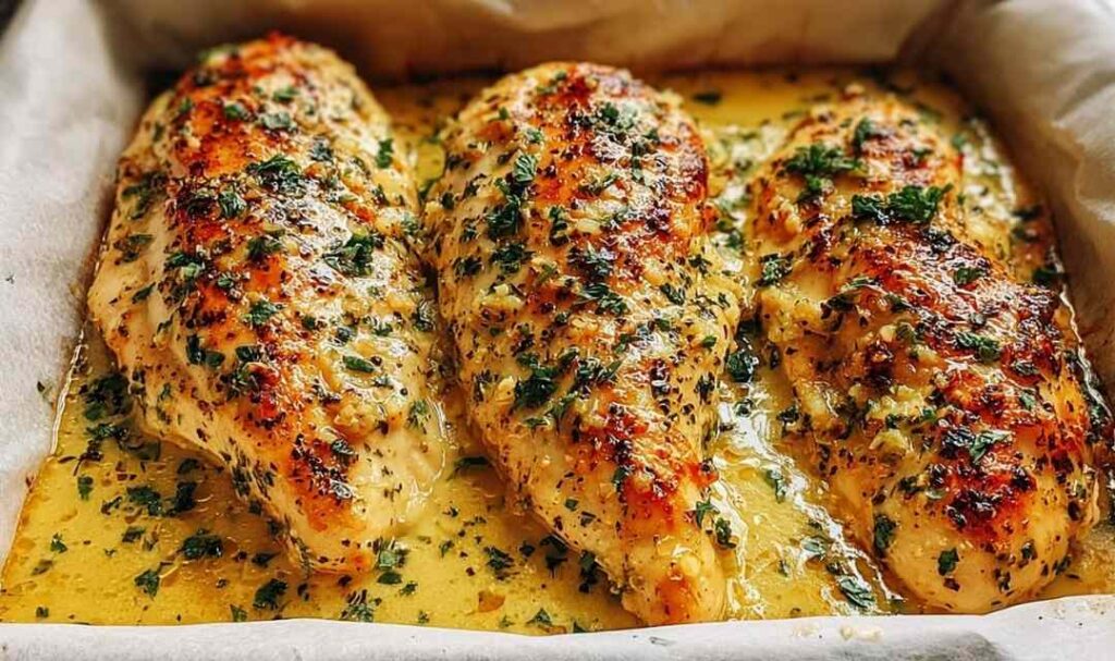 Garlic Butter Baked Chicken Breast 5 Juicy garlic butter baked chicken breast on white plate with fresh parsley garnish