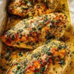 Juicy garlic butter baked chicken breast on white plate with fresh parsley garnish