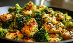 Garlic butter chicken broccoli in a skillet with fresh parsley garnish