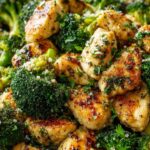 Garlic butter chicken broccoli in a skillet with fresh parsley garnish