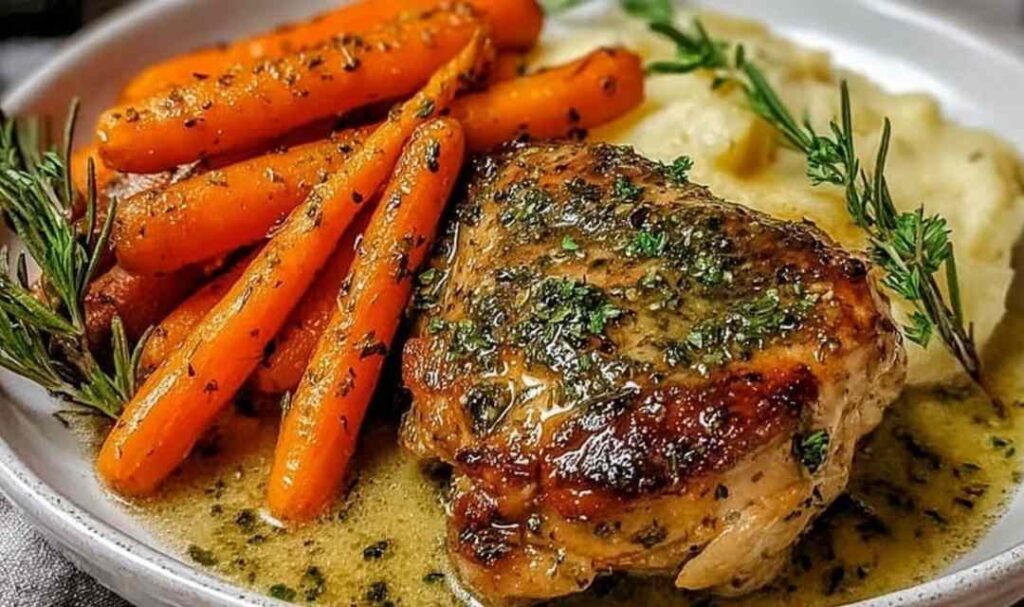 Garlic Herb Chicken and Carrot Plate 5 Garlic herb chicken and carrot plate on white dish with fresh parsley garnish