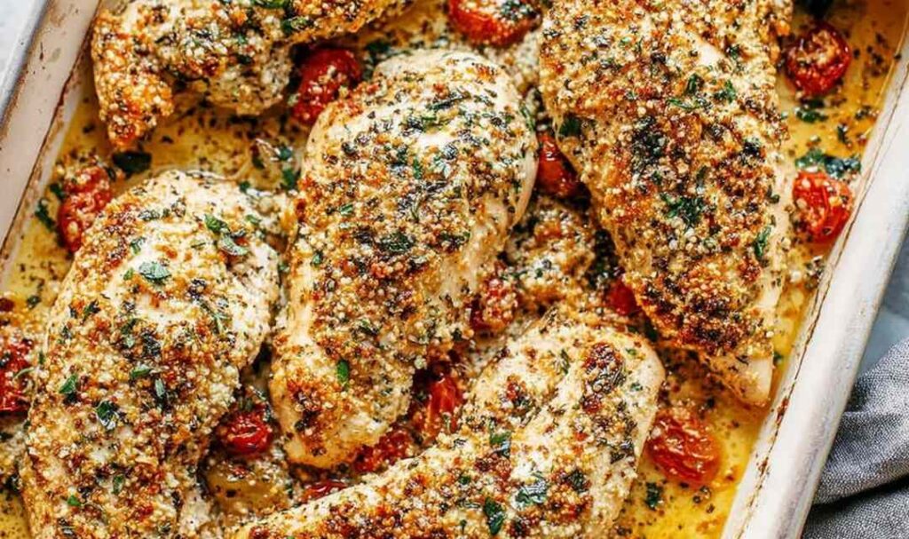 Garlic parmesan chicken bake on white plate with golden crispy crust and fresh parsley garnish