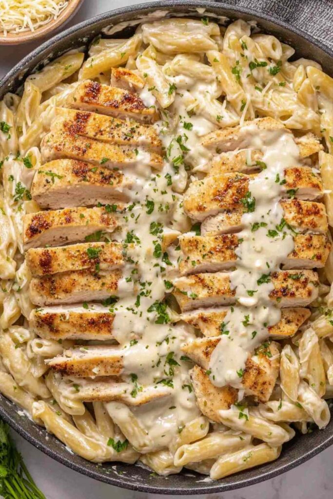 Garlic parmesan chicken pasta on a white plate with creamy sauce and fresh parsley garnish