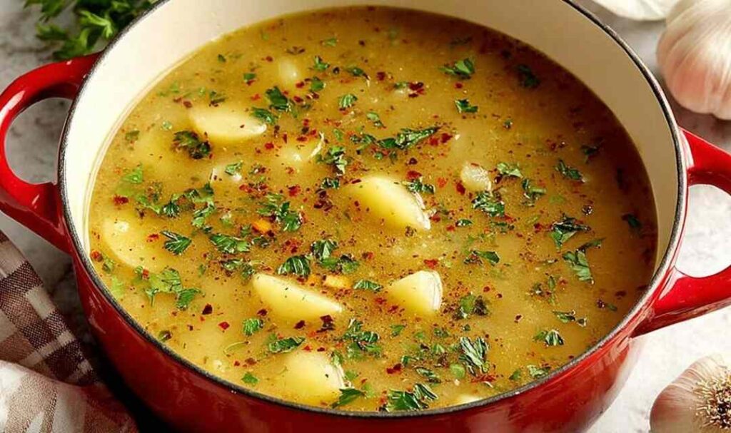 Creamy garlic potato soup in white bowl garnished with fresh parsley and croutons