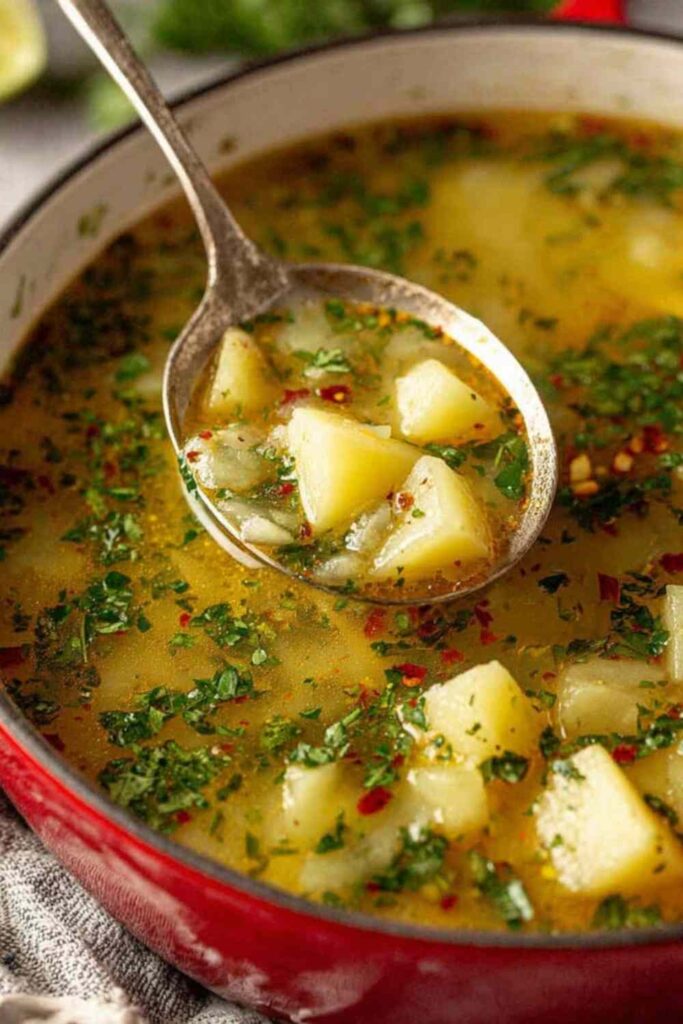 Creamy garlic potato soup in white bowl garnished with fresh parsley and croutons