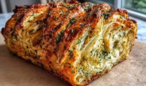 Swirled Garlic Herb Cheese Bread sliced on wooden board showing cheese swirls