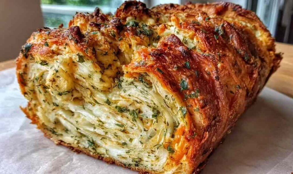 Swirled Garlic Herb Cheese Bread sliced on wooden board showing cheese swirls