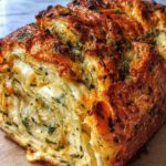 Swirled Garlic Herb Cheese Bread sliced on wooden board showing cheese swirls
