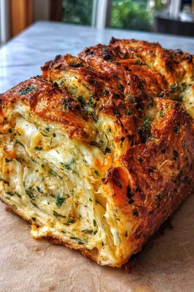 Swirled Garlic Herb Cheese Bread sliced on wooden board showing cheese swirls