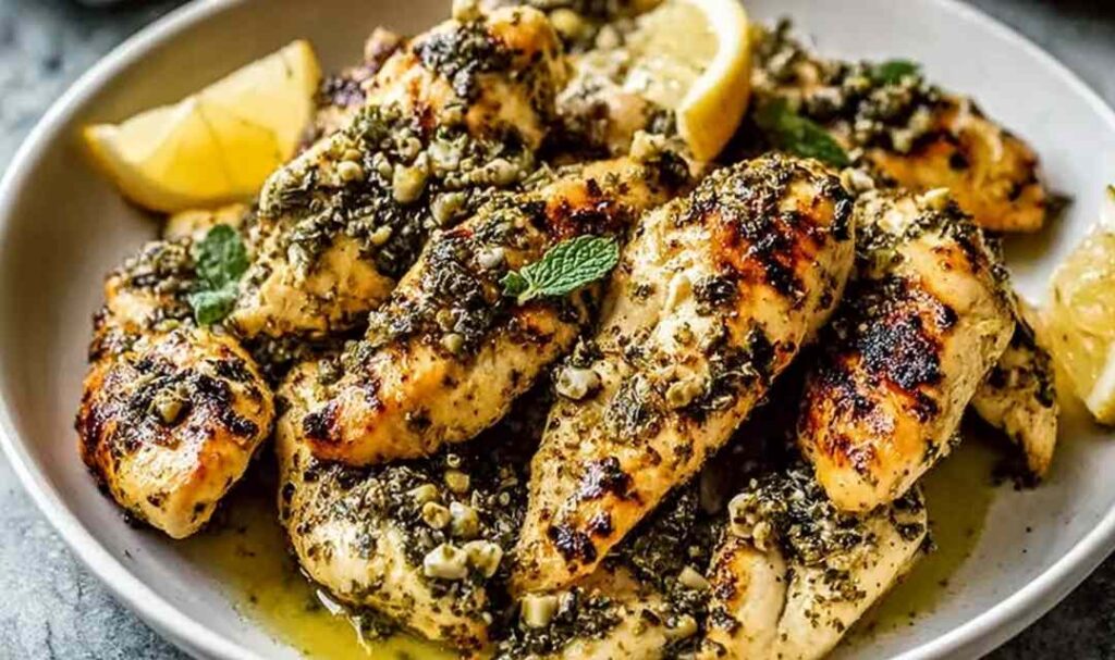 Greek chicken tenders on white plate with lemon wedges and fresh herbs