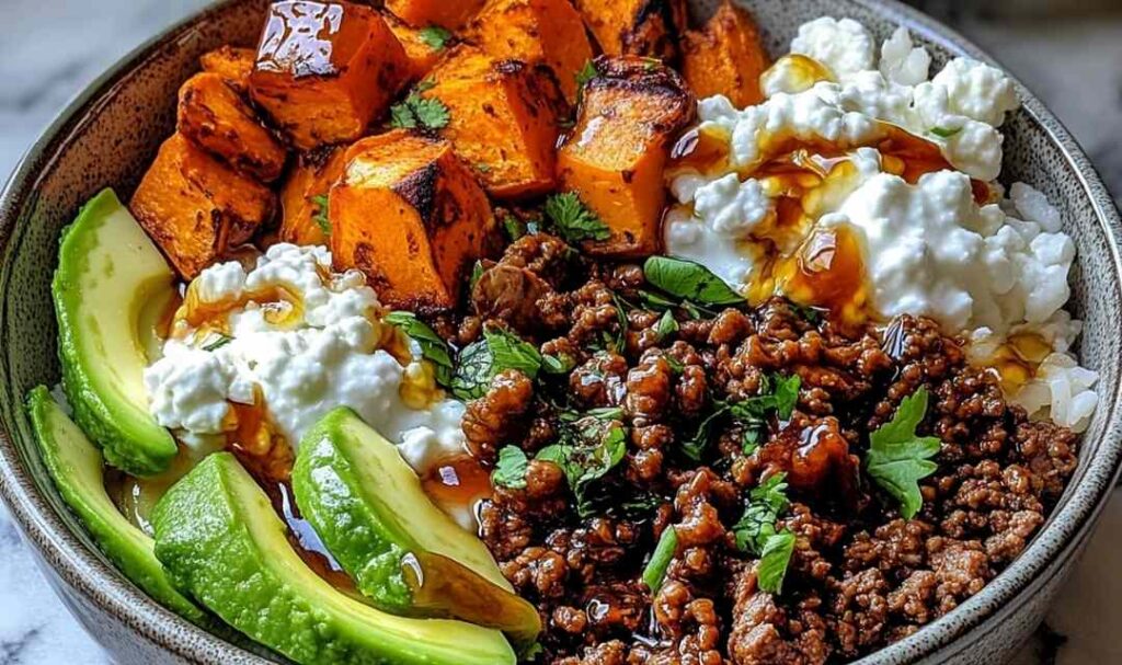 Ground Beef Hot Honey Bowl - Sweet, Spicy High-Protein Dinner 5 Ground Beef Hot Honey Bowl with rice, avocado, and cilantro in a white bowl