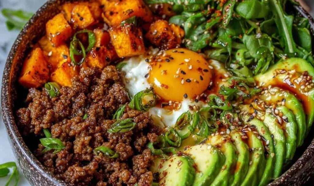 Ground Beef Hot Honey Bowl 5 Ground beef hot honey bowl with rice avocado and feta cheese