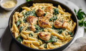 Healthy Garlic Parmesan Chicken Pasta Healthy garlic parmesan chicken pasta in white bowl with fresh parsley garnish