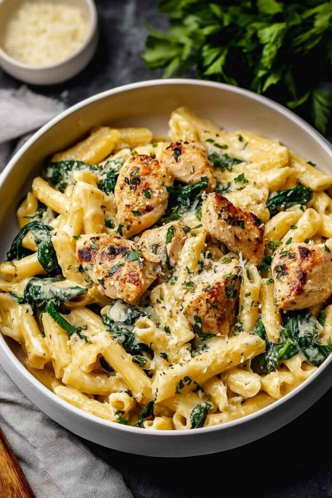 Healthy garlic parmesan chicken pasta in white bowl with fresh parsley garnish