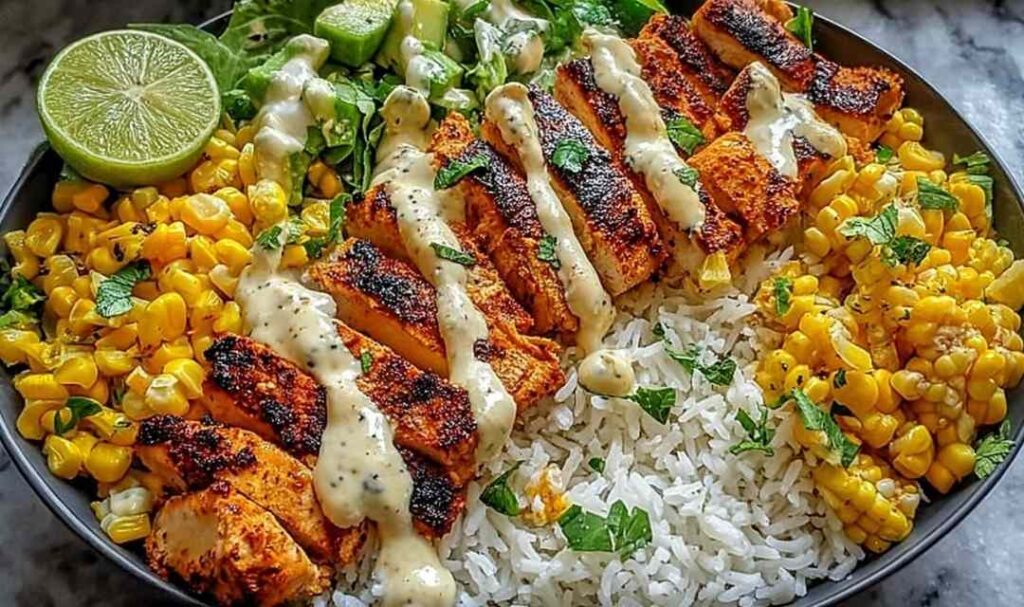 Healthy street corn chicken rice bowl with juicy seasoned chicken, creamy elote corn, black beans, and fresh avocado in a white bowl