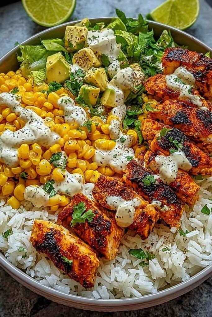 Healthy street corn chicken rice bowl with juicy seasoned chicken, creamy elote corn, black beans, and fresh avocado in a white bowl
