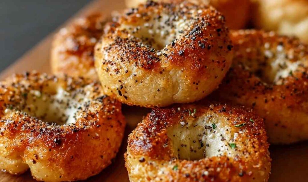 High protein bagel bites topped with everything seasoning on white plate