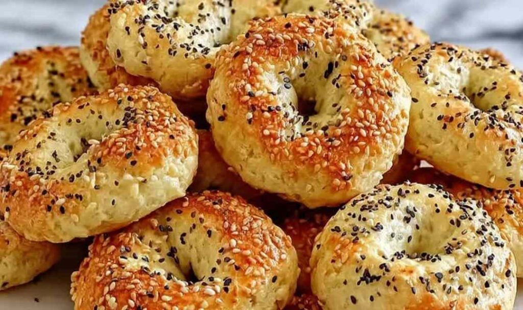 High protein bagel bites on baking sheet with everything bagel seasoning