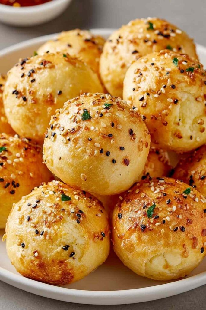 High protein bagel bites arranged on white plate with everything bagel seasoning topping