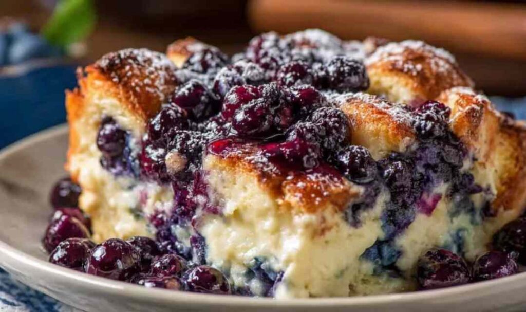 Blueberry cottage cheese breakfast bake in white ramekin with golden top and fresh blueberries