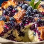 Blueberry cottage cheese breakfast bake in white ramekin with golden top and fresh blueberries