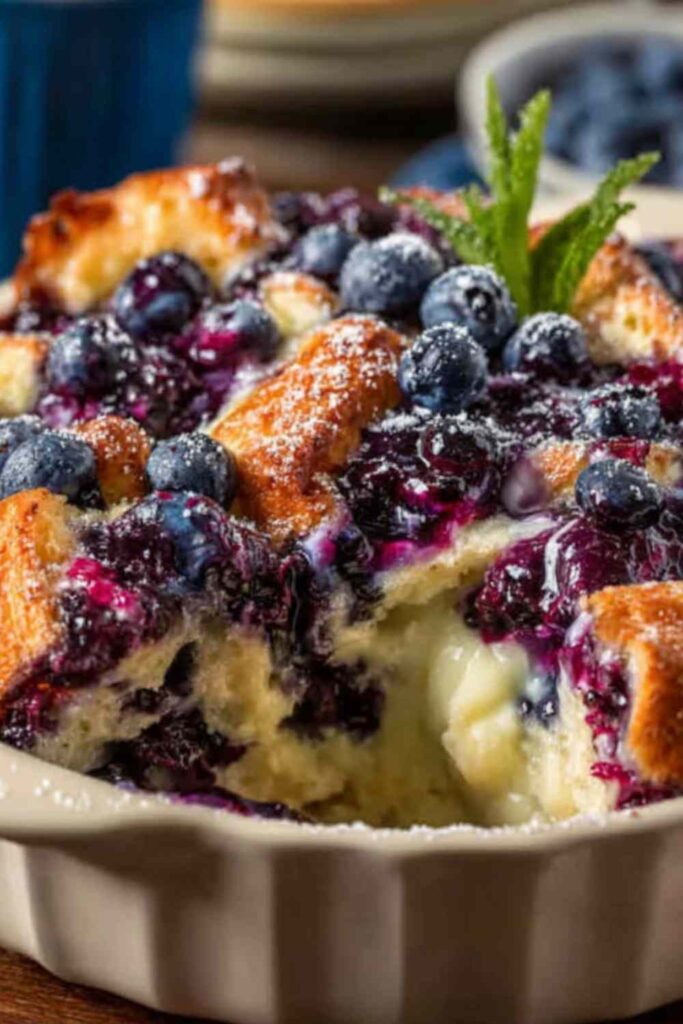 Blueberry cottage cheese breakfast bake in white ramekin with golden top and fresh blueberries