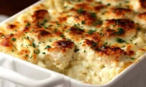 High protein chicken alfredo bake in a 9x13 dish with golden bubbly mozzarella cheese on top