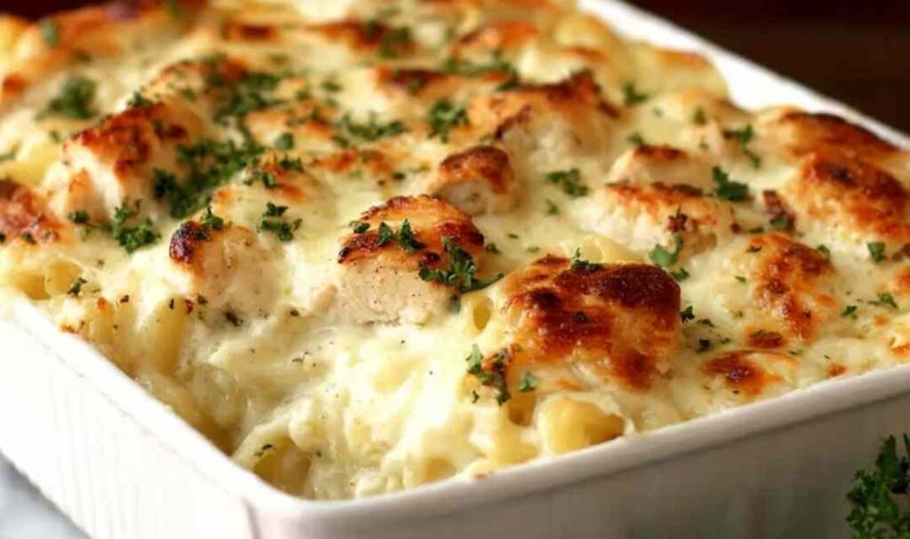 High protein chicken alfredo bake in a 9x13 dish with golden bubbly mozzarella cheese on top