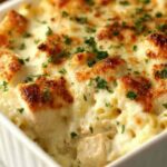 High protein chicken alfredo bake in a 9x13 dish with golden bubbly mozzarella cheese on top