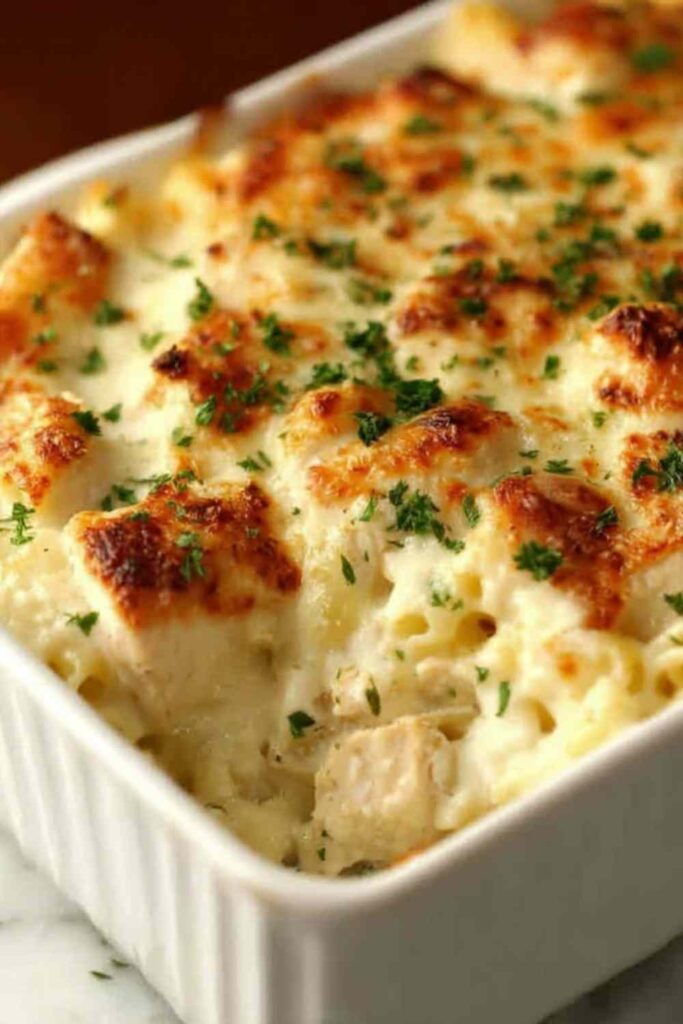 High protein chicken alfredo bake in a 9x13 dish with golden bubbly mozzarella cheese on top