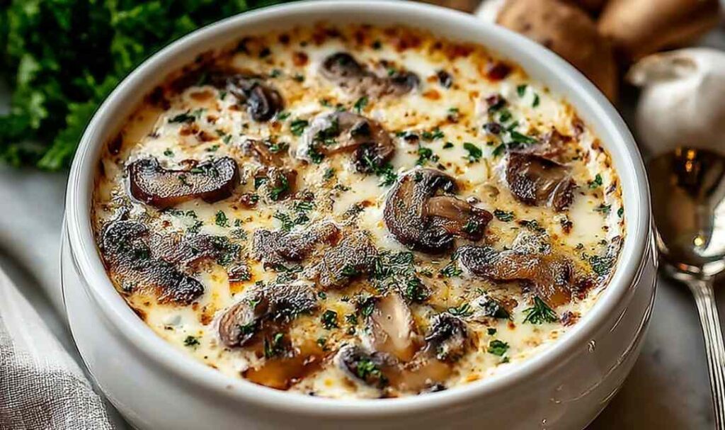 Cottage cheese mushroom soup in white bowl garnished with fresh parsley