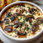 Cottage cheese mushroom soup in white bowl garnished with fresh parsley