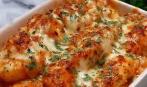 High protein creamy garlic cheesy chicken potatoes in skillet with melted cheese and fresh parsley