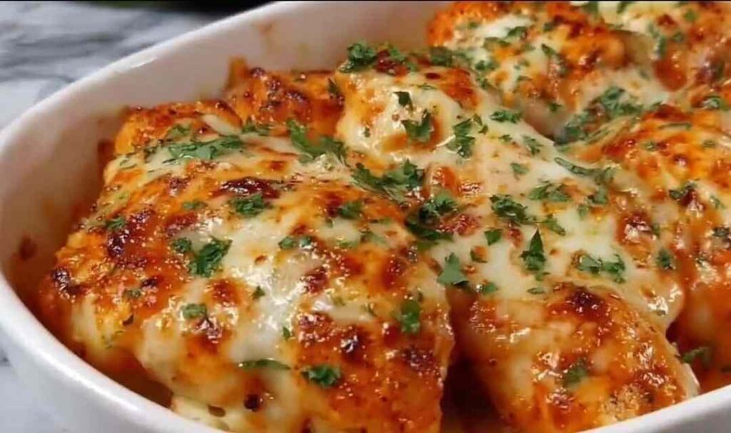 High Protein Creamy Garlic Cheesy Chicken Potatoes 5 High protein creamy garlic cheesy chicken potatoes in skillet with melted cheese and fresh parsley