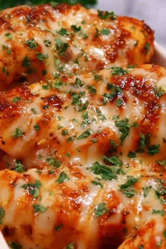 High Protein Creamy Garlic Cheesy Chicken Potatoes 6 High protein creamy garlic cheesy chicken potatoes in skillet with melted cheese and fresh parsley