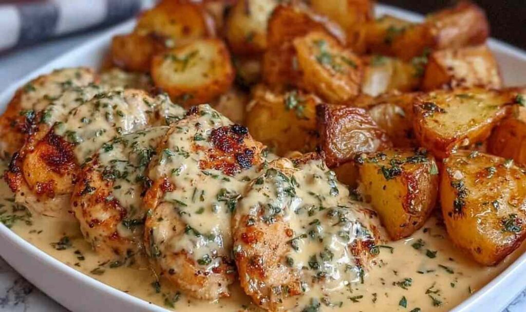 High protein creamy garlic cheesy chicken and potatoes in a cast iron skillet with bubbling melted cheese and fresh parsley