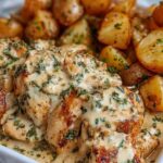 High protein creamy garlic cheesy chicken and potatoes in a cast iron skillet with bubbling melted cheese and fresh parsley