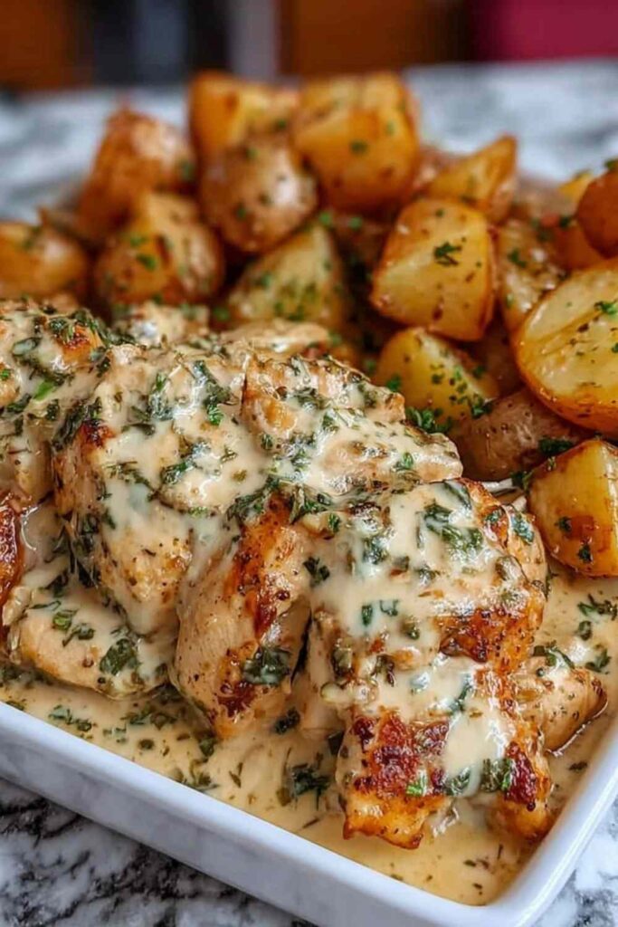 High protein creamy garlic cheesy chicken and potatoes in a cast iron skillet with bubbling melted cheese and fresh parsley