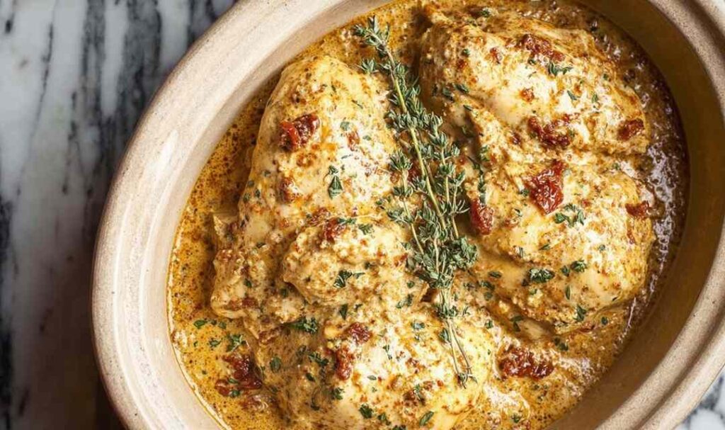 High protein crockpot marry me chicken in slow cooker with creamy sauce and sun-dried tomatoes